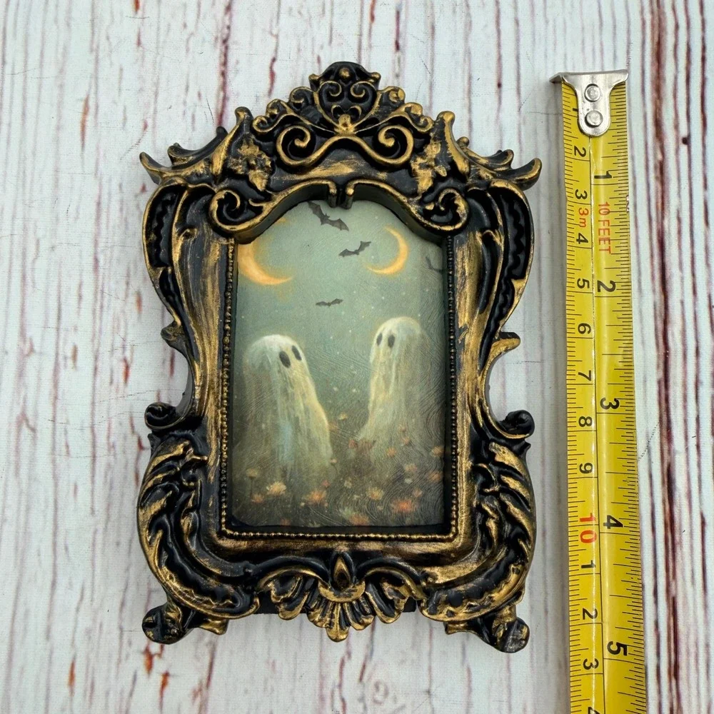 Handmade Gothic Ghost Art Print Ornate Black Gold Resin Frame Spooky Decor